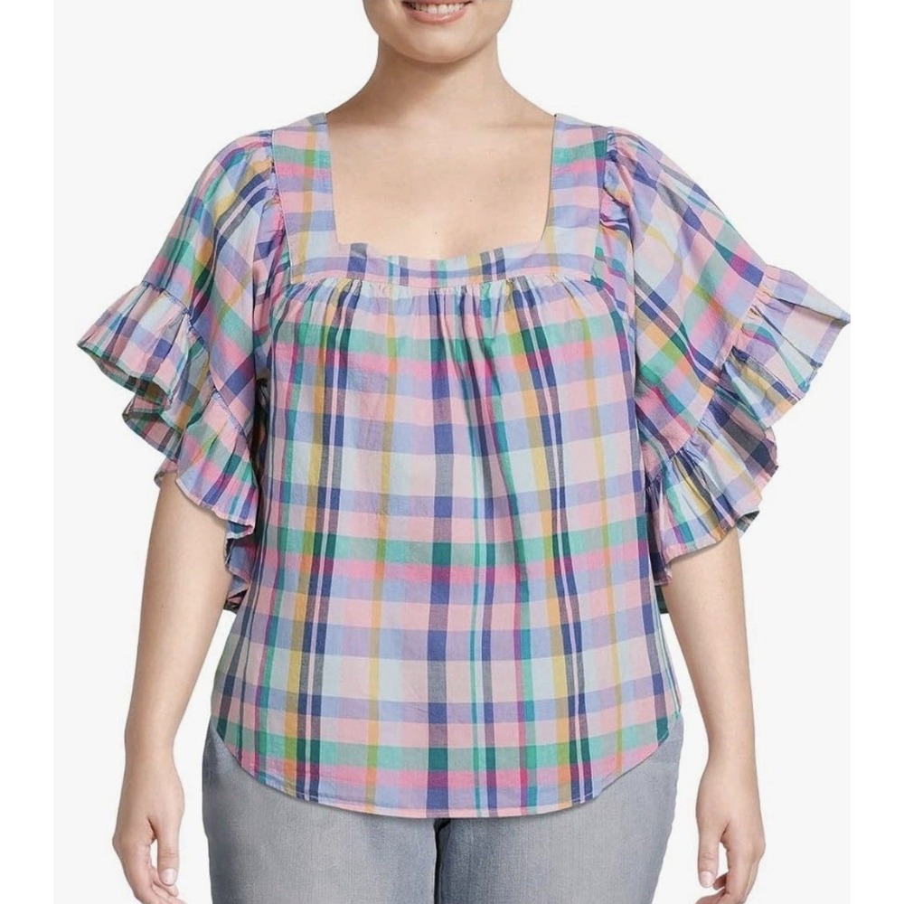 TERRA & SKY Pastel Pink Plaid Square Neck‎ Peasant Top Puff Ruffle Sleeves 2X